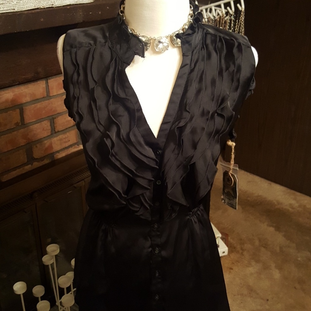Satin feel bkack ruffle blouse shirt nwt